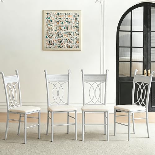 Chaises de Salle à Manger Lot de 4, Chaise de Cuisine avec Pieds en Métal, Assise Rembourrée en Cuir, Dossier Sculpté, Pieds Antidérapants, pour Salle à Manger, Salon, Jardin, Événements, Blanc