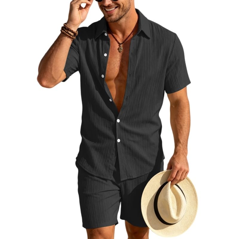 Ensemble d'été deux pièces homme casual chemise boutonnée short de plage rayé