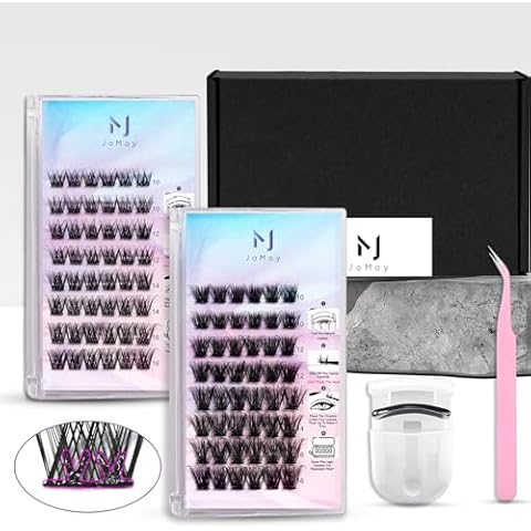 JoMay Self Adhesive Eyelashes Extension Kit 96 PCS Pre-Glued Cluster Lashes D Curl No Glue Eyelashes 10-16mm X02 X04 Press on Lashes No Glue Needed Wispy Lash Clusters 1 Step DIY Lash (X02 X04) Cover