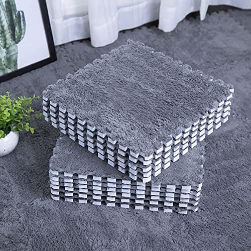 Wleeze Interlocking Carpet Shaggy Soft Foam Play Mat Velvet Fluffy Area Rugs, Square Plush Puzzle Floor Tiles Climbing Mats for Rooms Home Parlor Bedroom, 12pcs, Grey