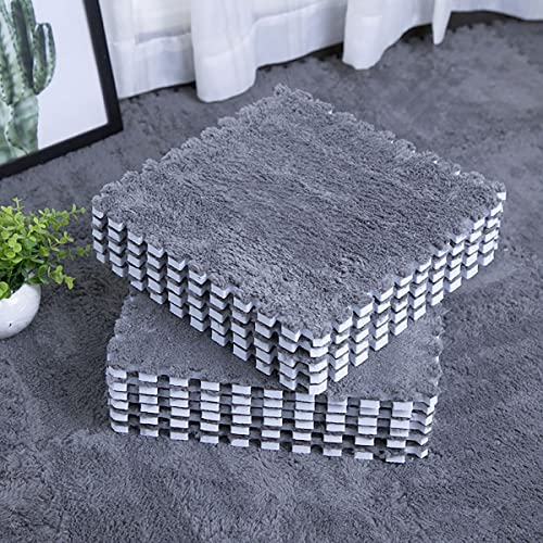 Image of Wleeze Interlocking Carpet Shaggy Soft Foam Play Mat Velvet Fluffy Area Rugs, Square Plush Puzzle Floor Tiles Climbing Mats for Rooms Home Parlor Bedroom, 12pcs, Grey