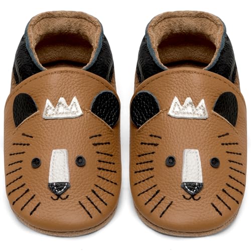 IceUnicorn Krabbelschuhe Baby Lauflernschuhe Jungen Mädchen Weicher Leder Babyhausschuhe Kleinkind Rutschfeste Lederschuhe Baby(Brauner Tiger, 12-18 Monate)