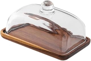 Cake Stand with Glass Dome Cake Tray Butter Dish Decorative Dessert Plate Cake Plate Holder for Party Birthday Wedding Cheese, Acacia Wood