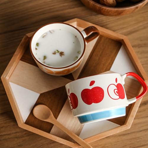 Image of Spooky Japanese Retro Ceramic Coffee Mug - 300ml Printed Stackable Cup with Handle - Creative Ins-Style Ear-Hanging Design for Milk, Tea & Espresso - Ideal Gift for Couples, Home or Cafe (Red-Apple)