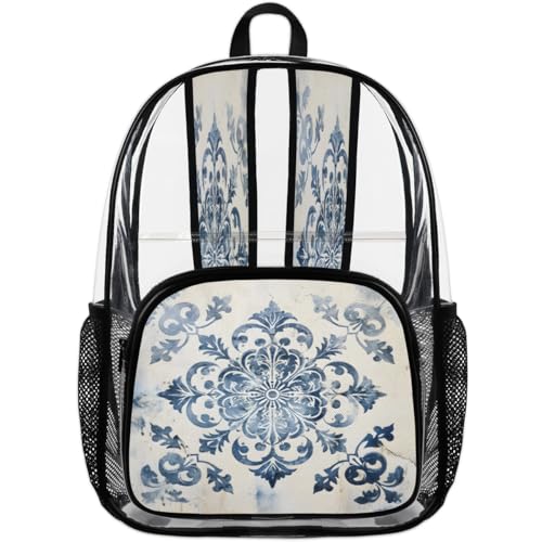 Ethnic Mandala Clear Backpack for Stadium Events, Botanical Flowers Waterproof Clear Bag for Women Men Adult Sport Work Daily Music Festival and Concerts4