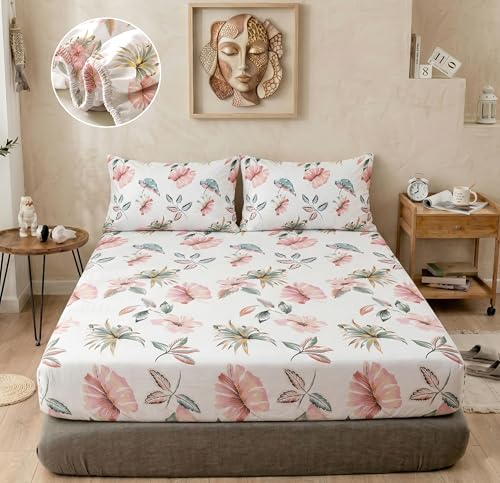 Image of BSB HOME 240 TC Cotton Fitted Double Bedsheet with 2 Pillow Covers, Elastic Bed Sheet, Soft Breathable Skin-Friendly Fabric, All Season Comfort - 72 x 72 + 8 Inches (Dusty Rose)