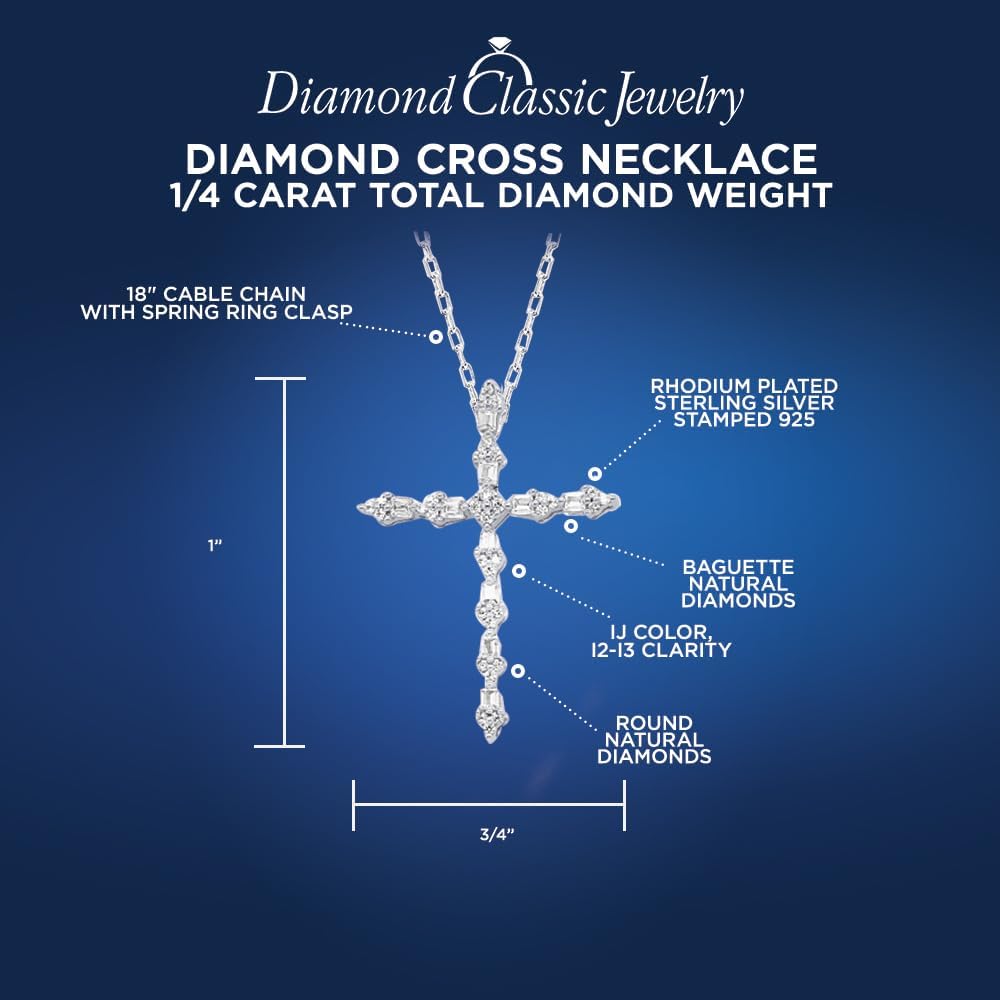 Diamond Cross Necklace 1/4 CTTW Round and Baguette Natural Diamonds in Sterling Silver or Gold Plated Sterling Silver - 18 Inch Chain - Image 4