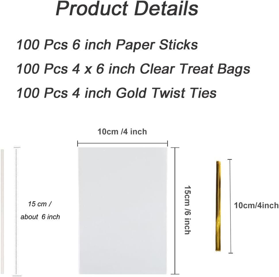 COOLAKE 300 PCS Cake Pop Sticks and Wrappers Kit, Including 100 Pcs 6 inch Paper Lollipop Sticks, 100 Pcs Clear Treat Bags, 100 Pcs Twist Ties for Cakepop, Lollipop, Hard Candy, Suckers, Chocolate