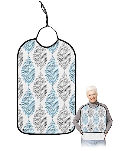 Sabolny Aqua Grey Leaf Adult Bib for Eating with Crumb Catcher,Washable & Waterproof Terry Cloth Adjustable Elderly Women Men Adult Bibs Funny Apron Reusable Clothing Protector Modern Abstract Leaves