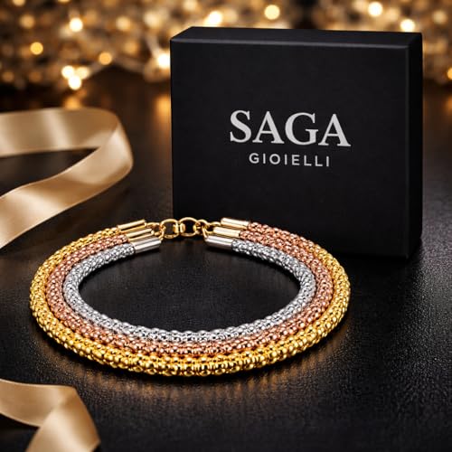 SAGA GIOIELLI Bransoletka z trzema złotymi złotymi wzorami dla mężczyzn i kobiet ze stali nierdzewnej - opakowanie prezentowe - unisex, spessore 3mm, Stal nierdzewna, stal szlachetna