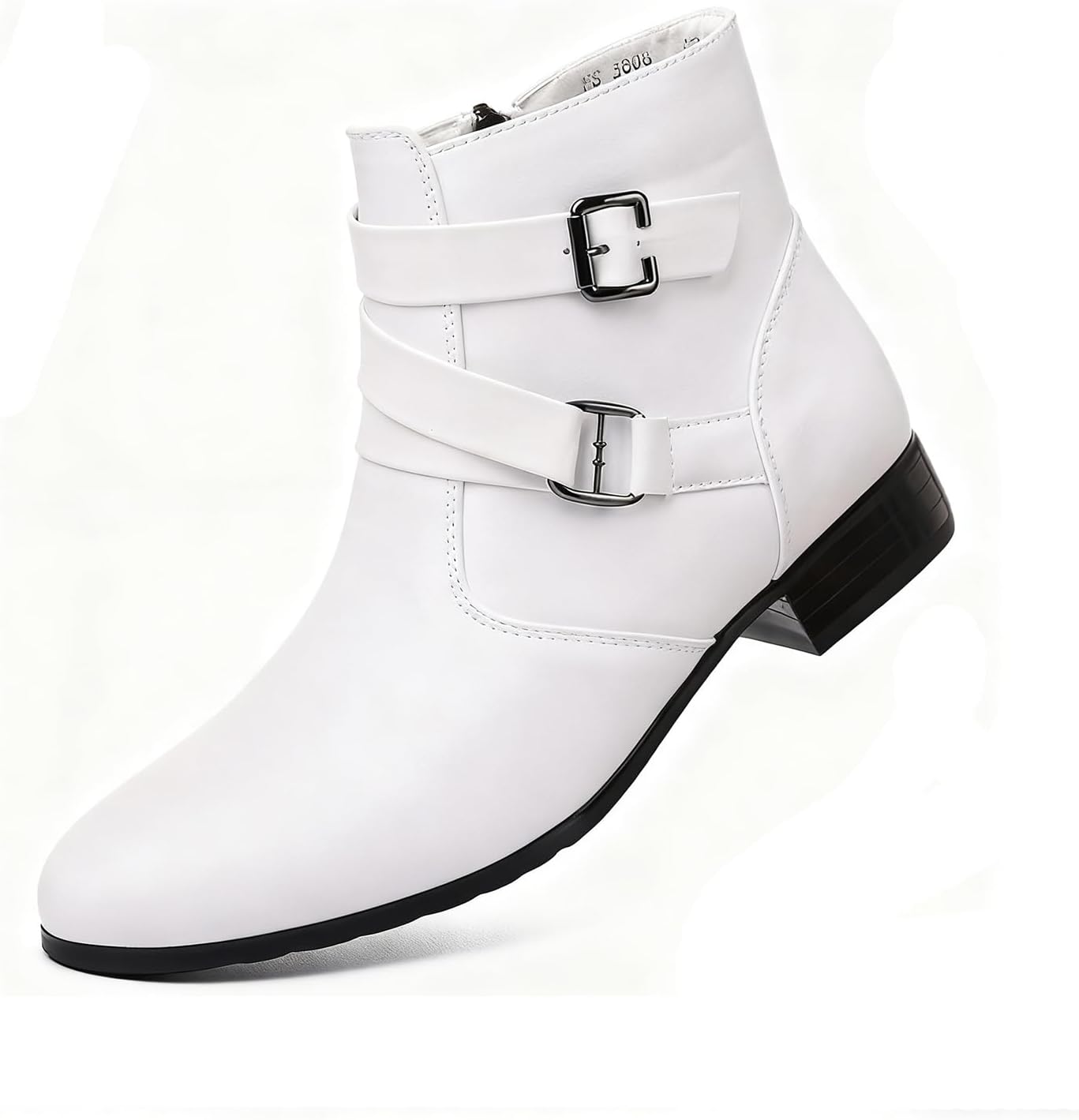 Men's Leather Chunky Heel Chelsea Boots Fashion Pointed Toe Side Zipper Chukka Booties Classic Buckle Strap Block High Heels High Top Formal Dress Ankle Boots