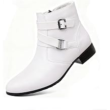 Mens Leather Chunky Heel Chelsea Boots Fashion Pointed Toe Side Zipper Chukka Booties Classic Buckle Strap Block High Heels High Top Formal Dress Ankle Boots