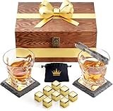 QIKKOP Juego de Vasos Whisky de Regalos, con 2 Vasos, 8 Hielos de Piedra de Dorado Acero Inoxidable, 1 Bolsa y Pinzas de...