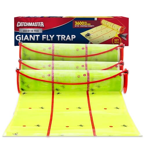 Catchmaster Giant Fly Glue Trap 3-Pack 30 Feet Each, Adhesive Fly Traps Outdoor, Sticky Bug Catcher, Bulk Flying Insect Paper Roll, Pest Control for Garage, Barn, Greenhouse & Garbage Room