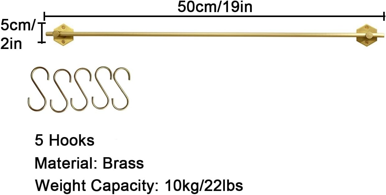 Brass Wall Mounted Kitchen Rail Pot Rack with 5 Hooks, Heavy Duty Utensil Hanging Bar Storage Organizer for Kitchen, Bathroom & Living Room(50cm/19in)