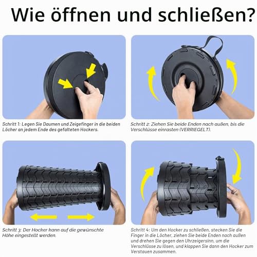 Hesanzol Tragbarer Teleskophocker, einziehbarer Klapphocker für Camping, Garten, Angeln, Wandern, Reisen, Grillen, verstellbare Klapphocker, maximale Traglast 180 kg