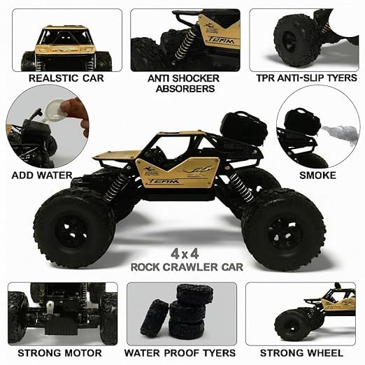 Image of Braintastic 1:18 Scale 4WD RC Rock Crawler Truck with Smoke Effect, Off-Road Remote Control Car with LED Lights, All-Terrain Tires, Rechargeable Battery, Durable Suspension for Kids & Adults