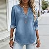 NSICBMNO Denim Shirt Women Oversized T Shirts Ladies 3/4 Sleeve Tops V Neck T Shirts Side Split Tunic Top Vintage Cowboy Shirt Summer Jean Top Loose Casual Blouses for Work Vacation Party, Light Blue #1