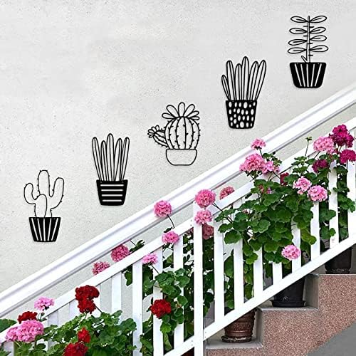 ESTART Black Metal Cactus Wall Decor 5 Pieces, Modern and Simple Succulent Potted Flower Wall Art, Suitable for Living Room, Bedroom, Room and Office (Black)