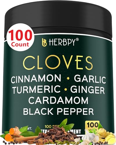 Herbpy 7in1 Clove Supplement 500mg Rich in Vitamins & Minerals Supports Digestion, Immune & Heart Health with Cinnamon, Turmeric, Ginger, Cardamom, Garlic & Black Pepper - 100 Vegan Capsules