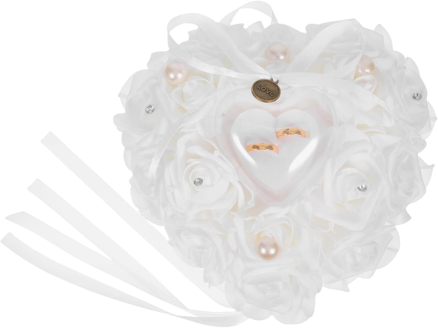 Heart-Shaped Wedding Ring Bearer Pillow with Rose Accent, White Satin Ring Cushion for Proposal and Ceremony, Romantic Valentine’s Day Wedding Decoration