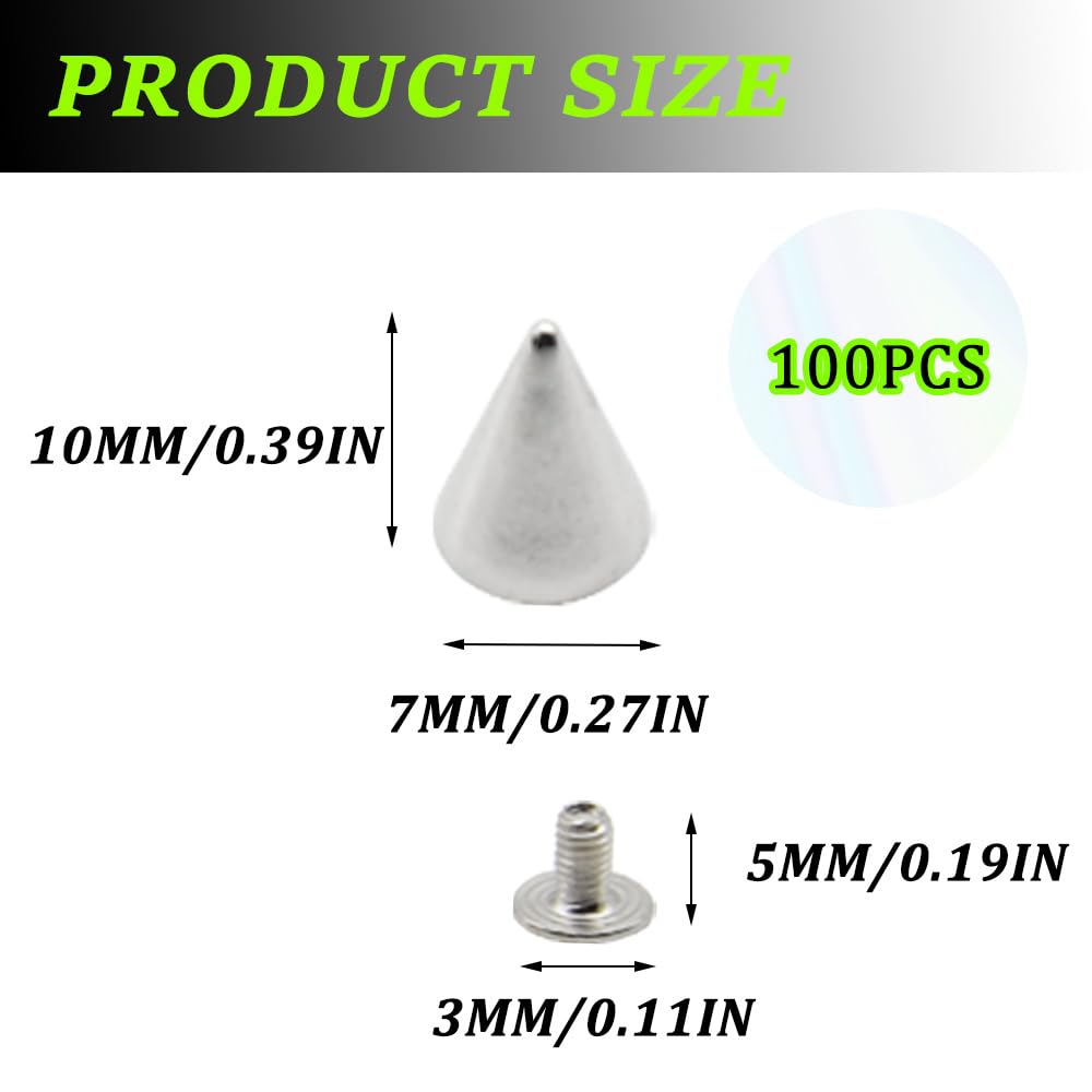 CEEYSEE 100Sets Cone Spikes Studs with Screw 7x10mm Punk Metal Rivets Bullet Cone Spikes for DIY Belt Bags Shoes Clothing Decoration Shoes Craft (Silver/7x10mm) - Image 2
