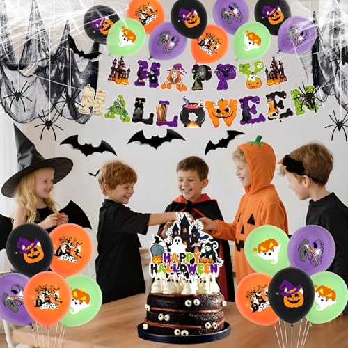 Halloween Deko Set, Horror HAPPY HALLOWEEN Dekoration Girlande, Luftballons, Tortendeko, Spinnennetz, Aufkleber, Fledermaus, Kürbisse, für Innen Gruselige Pary