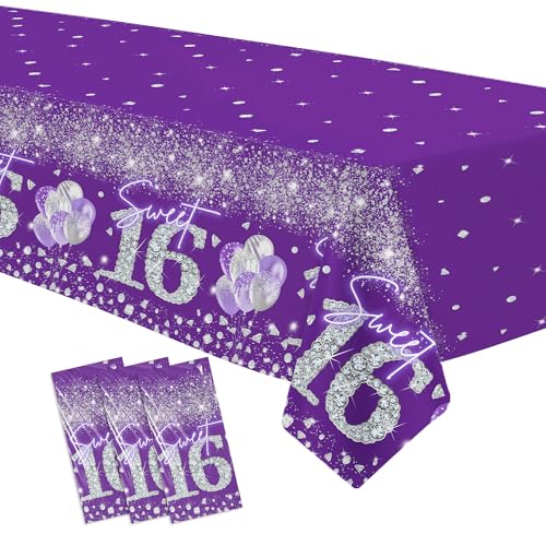 Owelleny Sweet 16 Birthday Decorations Girls Tablecloth, Purple, 3Pcs
