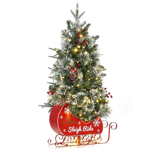 Garvee 3FT Christmas Tree, Pre-Lit Artificial Christmas Trees with Lights, Small Xmas Trees with Sleigh Base & 78 Warm White Lights, Christmas Decoration for Home, Office,1 PCS