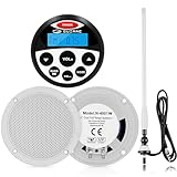 Marine Wateroroof Audio Package Marine Bluetooth Stereo Radio System - Waterproof FM Radio Stereo ATV UTV Heavy Duty Power Sports Head Unit with White Marine Speaker and Antennas