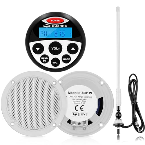 Marine Wateroroof Audio Package Marine Bluetooth Stereo Radio System - Waterproof FM Radio Stereo ATV UTV Heavy Duty Power Sports Head Unit with White Marine Speaker and Antennas