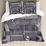 ABAKUHAUS Urbain Ensemble de Housse de Couette, Carrefour Paris, Décor de Chambre, 3 Pièces avec 2 Taie d'oreiller, 155 cm x 220 cm   80 x 80 cm, Gris Blanc
