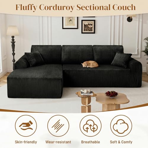 Image of 110 inch L Shaped Boneless Sectional Couches for Living Room, Comfy Corduroy Floor Cloud Sofa with Chaise, Wide Armrest, Deep Seat, Memory Foam, Assembly Free, Ideal for Small Spaces, Black