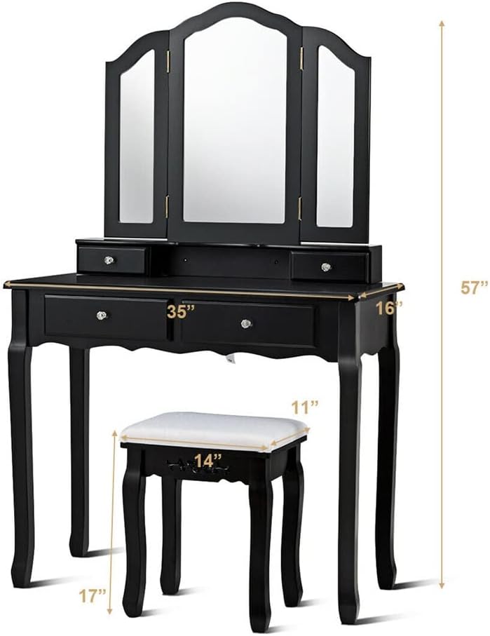 4 Drawers 3 Square Mirror Dresser with Dresser Stool Decorative Wood Table Black Furniture