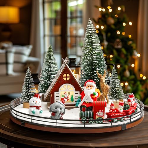 12 PCS Christmas Town Village Sets for Table Decorations, 13\" Oak Wood Lazy Susan for Table Top Centerpiece Decor, Xmas House, Trees, Snowman, Elephant, Santa Claus, Reindeer, Train for Festive Decor