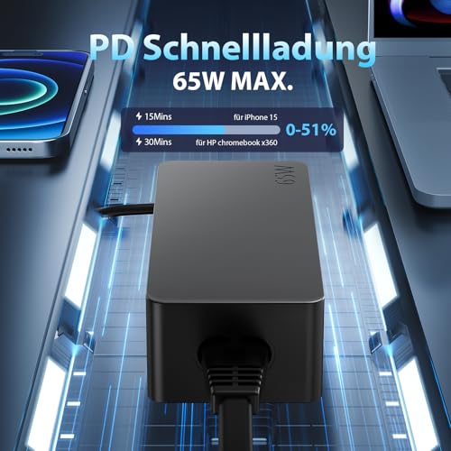 SUNYDEAL 65W HP Ladekabel Laptop USB C Ladegerät Netzteil für HP Dell Lenovo Thinkpad ASUS Acer Huawei Samsung Surface MacBook Type C Charger mit PD 3.0 QC Schnellladegerät