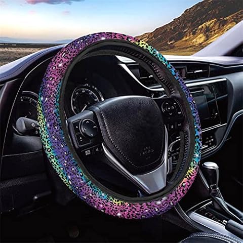 Coldinair Rainbow Glitter Leopard Print Universal 15 inch Soft Car Steering Wheel Cover for Women,Anti-Slip and Stretchy,Washable Cover