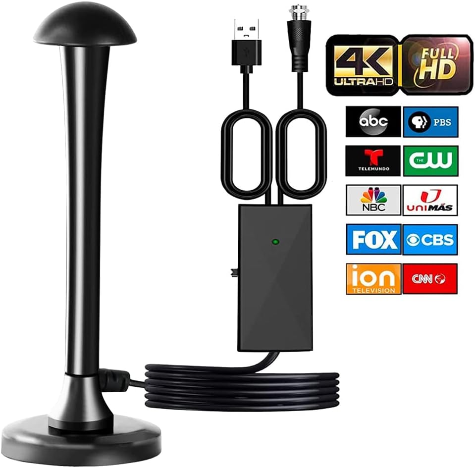 AVNICUD Digital TV Antenna with signal booster and coax cable, showing logos for 4K, Full HD, and various TV channels like ABC, CBS, FOX, NBC.