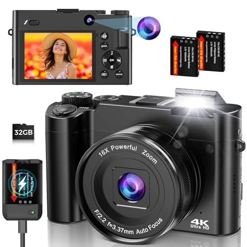 4K Digital Camera for Photography and Vlogging, 64MP Compact Autofocus YouTube Video Camera with Dual Lens 3' IPS Selfie Anti-Shake, 16X Zoom, Flash, 32GB Card, 2 Batteries, Teens & Beginners, Black