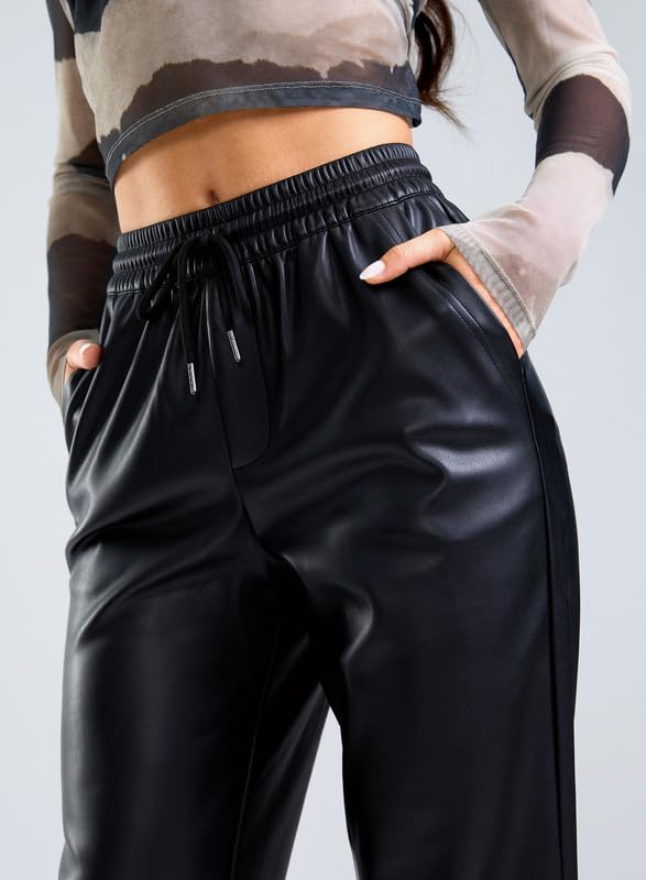 SANTINY Pantalon en similicuir pour femme - Taille haute - Jambe droite - Pantalon court en similicuir végétalien mat pour femme