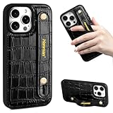 Hanman for iPhone 15 Pro Leather Case with Adjustable Wristband Strap Kickstand,Hand Strap Leather Case for iPhone 15 Pro,Crocodile Leather Wristband Kickstand Case for iPhone 15 Pro-Black