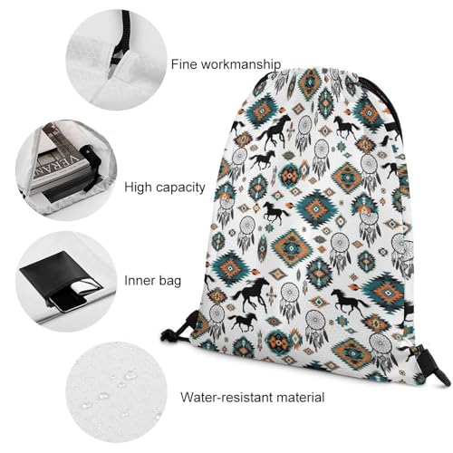 Compact Backpack 13.8x16.5 Inch, Southwestern Aztec Horse Drawstring Bags for Women and Men, Novelty Waterproof String Backpack, Reusable Draw String Bag4