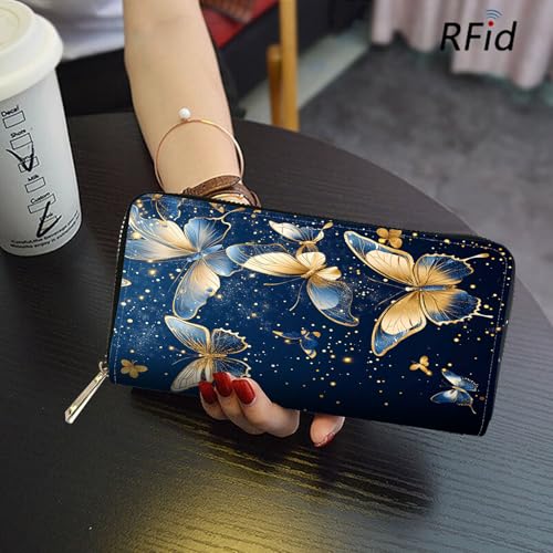 Image of RFID Blocking Leather Wallet for Women - Large Capacity Zip Around Clutch with 8 Card Slots,21 Cash Pockets & Coin Zipper,Butterfly