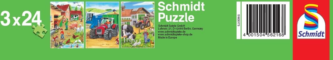 Schmidt Spiele- Puzzle alla Fattoria 3 x 24 Pezzi, Multicolore, 56216