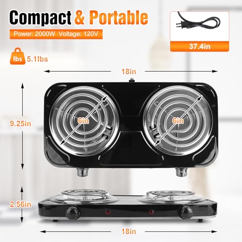 Image of 2000W Electric Double Burner Hot Plate, Portable Stove 6 inch Coil Heating