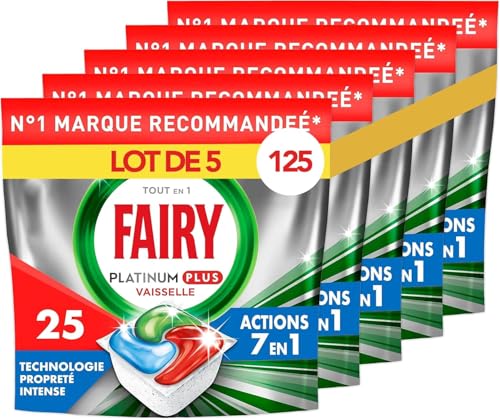 Fairy Platinum Plus Tablettes Lave-Vaisselle Tout En 1 Brise Fraîche, Pack Familial 125 Capsules (5x25), Nettoyage Optimal Pour Une Vaisselle Propre Comme Neuve, Élimine 99% des Résidus