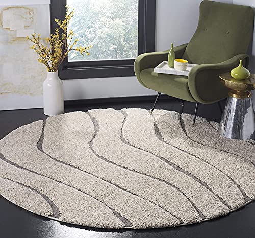 Image of Abstract Wavy Design Round Shaggy Carpet for Living Room, Bedroom, High Low Design Finish Microfiber 1.8 Inch Pile High, 4x4 Feet Ivory|Grey Color