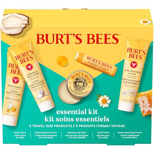 Burt’s Bees Christmas Gifts – Essentials Everyday Set, 5 Travel Size Products for Stocking Stuffers – Deep Cleansing Cream, Hand Salve, Body Lotion, Foot Cream and Original Lip Balm