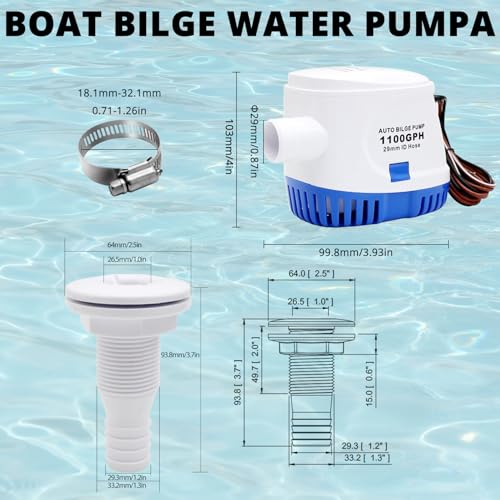 CREATORELE Automatic Boat Bilge Pump Kit for Boats, 1-1/8 Inch Bilge Pump Plumbing Kit, Including 12v 1100 GPH Bilge Pump, 1pcs Bilge Pump Hose, 2pcs Hose Clamps and 1pcs Thru-Hull Fitting - Thumbnail 3