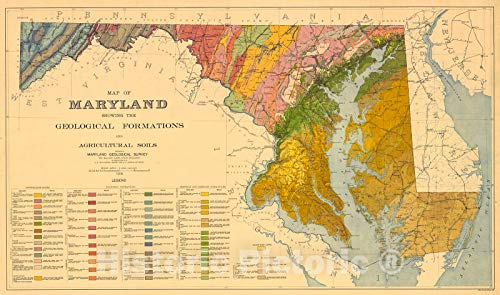 Historic Map - 1906 Map of Maryland Showing The Geological Formations and Agricultural Soils - Vintage Wall Art - 24in x 16in